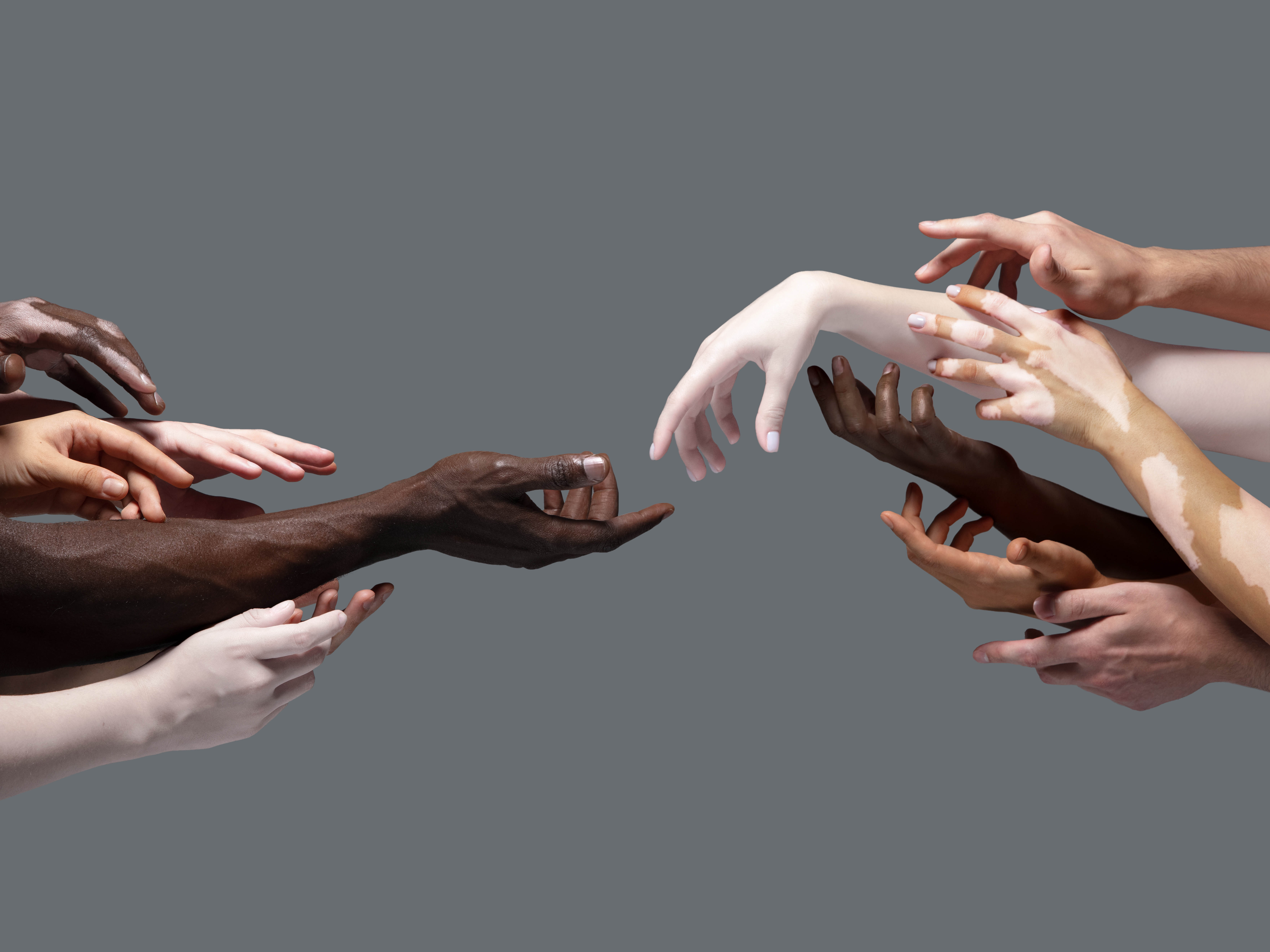 Collection of racially diverse hands reaching towards each other, on a gray background